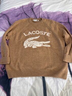 Lacoste Men's Camel Brown Crewneck Sweater with Cream Logo